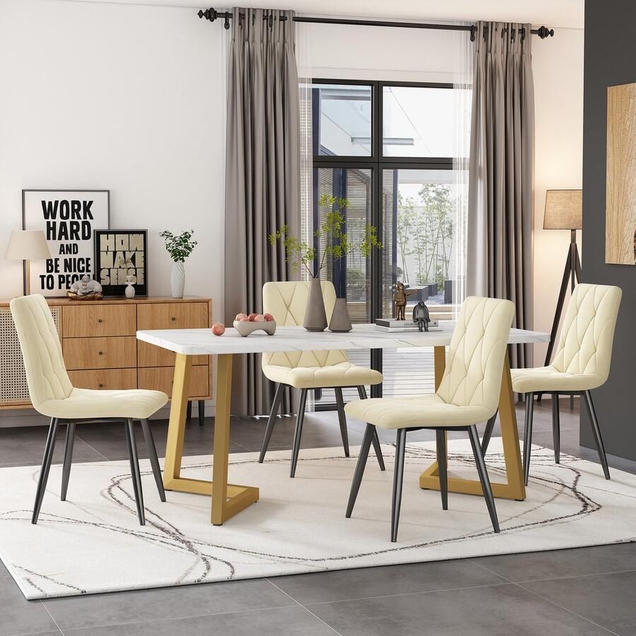Sweiko Eettafel set (117 x 68cm eettafel 4 stoelen) rechthoekige eettafel moderne keuken eettafel set eettafel en stoelen beige twill fluweel keukenstoelen gouden tafelpoten