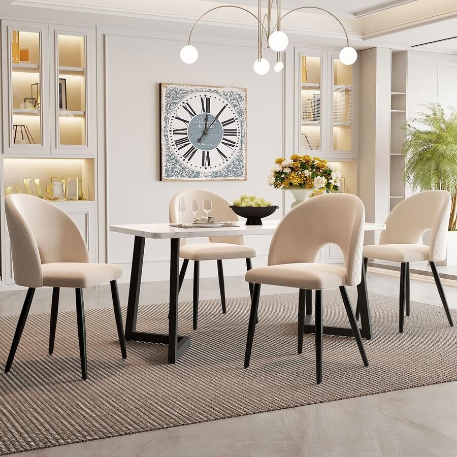 Sweiko Eettafel set 117 x 68cm eettafel 4 stoelen rechthoekige eettafel zwarte poten beige fluwelen stoel verstelbare poten moderne keuken eettafel set