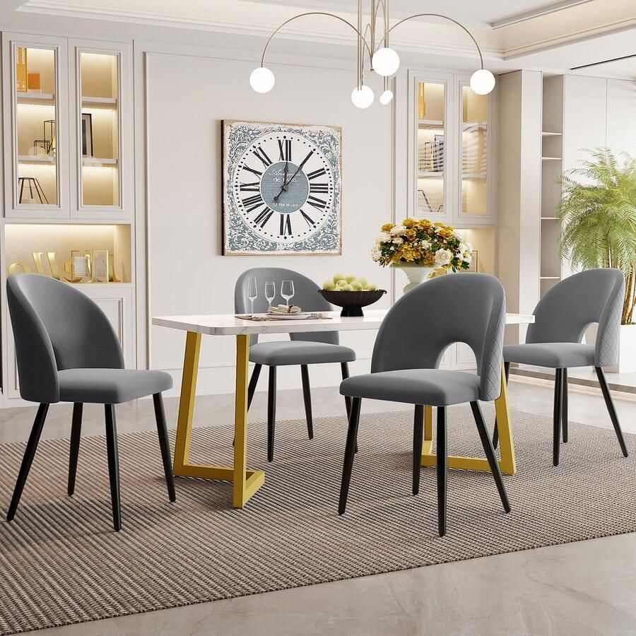 Sweiko Eettafel Set 117×68cm Eettafel met 4 Stoelen Rechthoekige Eettafel Moderne Keuken Tafelset Fluweel Eetstoel met Diamant Patroon Verstelbare Stoelboten Grijs Fluweel Gouden Tafelpoten