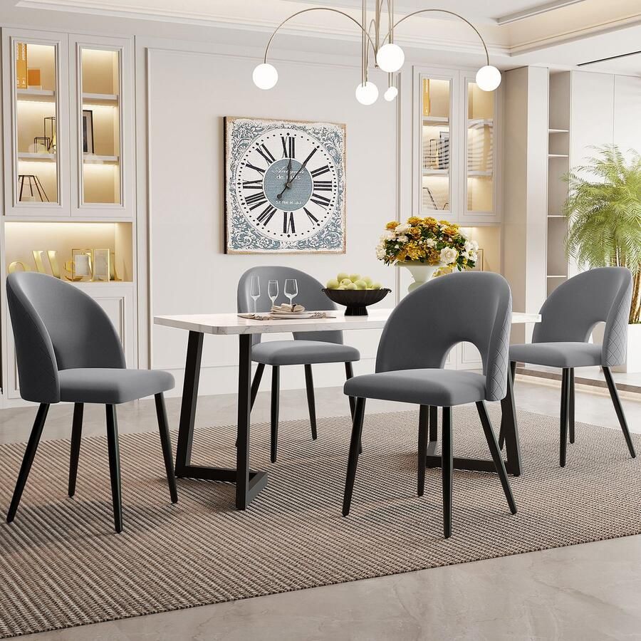 Sweiko Eettafel Set 117×68cm Eettafel met 4 Stoelen Rechthoekige Eettafel Moderne Keuken Tafelset Fluweel Eetstoel met Diamant Patroon Verstelbare Stoelboten Grijs Fluweel Zwarte Tafelpoten