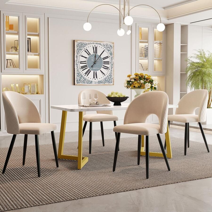 Sweiko Eettafel Set 117×68cm Eettafel met 4 Stoelen Rechthoekige Eettafel Moderne Keukentafel Set Fluwelen Eetstoel met Diamantpatroon Verstelbare Stoelboten Beige Fluweel Gouden Tafelpoten