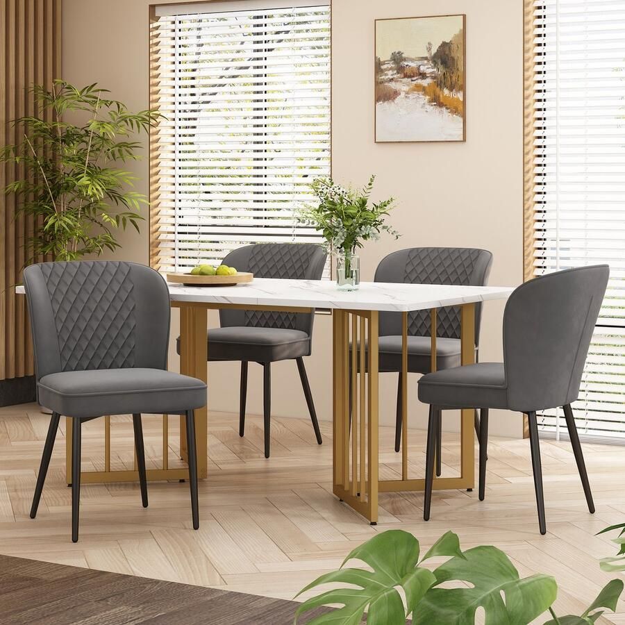 Sweiko Eettafel set 140 x 80 x 75cm eettafel met 4 stoelen donkergrijze fluwelen eetkamerstoelen kussens stoel ontwerp met rugleuning wit MDF tafelblad V-vormige gouden tafelpoten