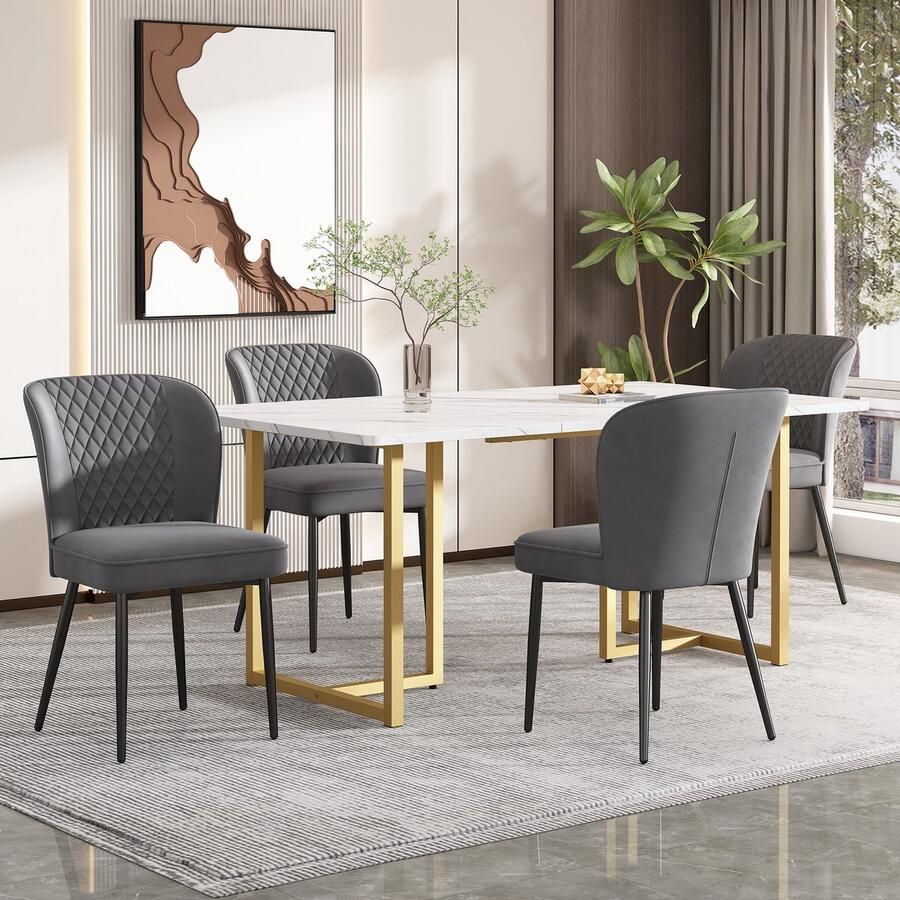 Sweiko Eettafel set 140 x 80 x 75cm eettafel met 4-stoelen grijs fluweel eetkamerstoelen kussens stoel ontwerp met rugleuning wit MDF tafelblad L-vormige gouden tafelpoten