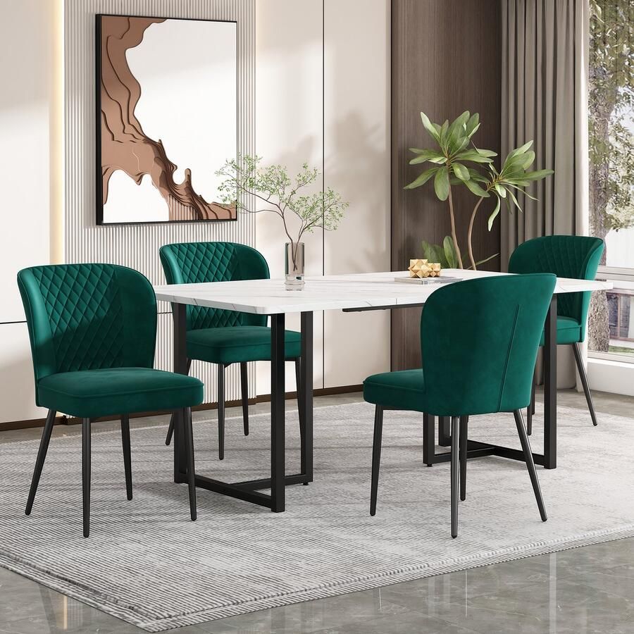 Sweiko Eettafel set 140 x 80 x 75cm eettafel met 4-stoelen groen fluweel eetkamerstoelen kussens stoel ontwerp met rugleuning wit MDF tafelblad L-vormige zwarte tafelpoten
