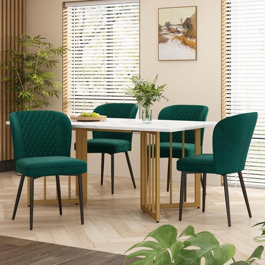 Sweiko Eettafel set 140 x 80 x 75cm eettafel met 4 stoelen groen fluweel eetkamerstoelen kussens stoel ontwerp met rugleuning wit MDF tafelblad V-vormige gouden tafelpoten