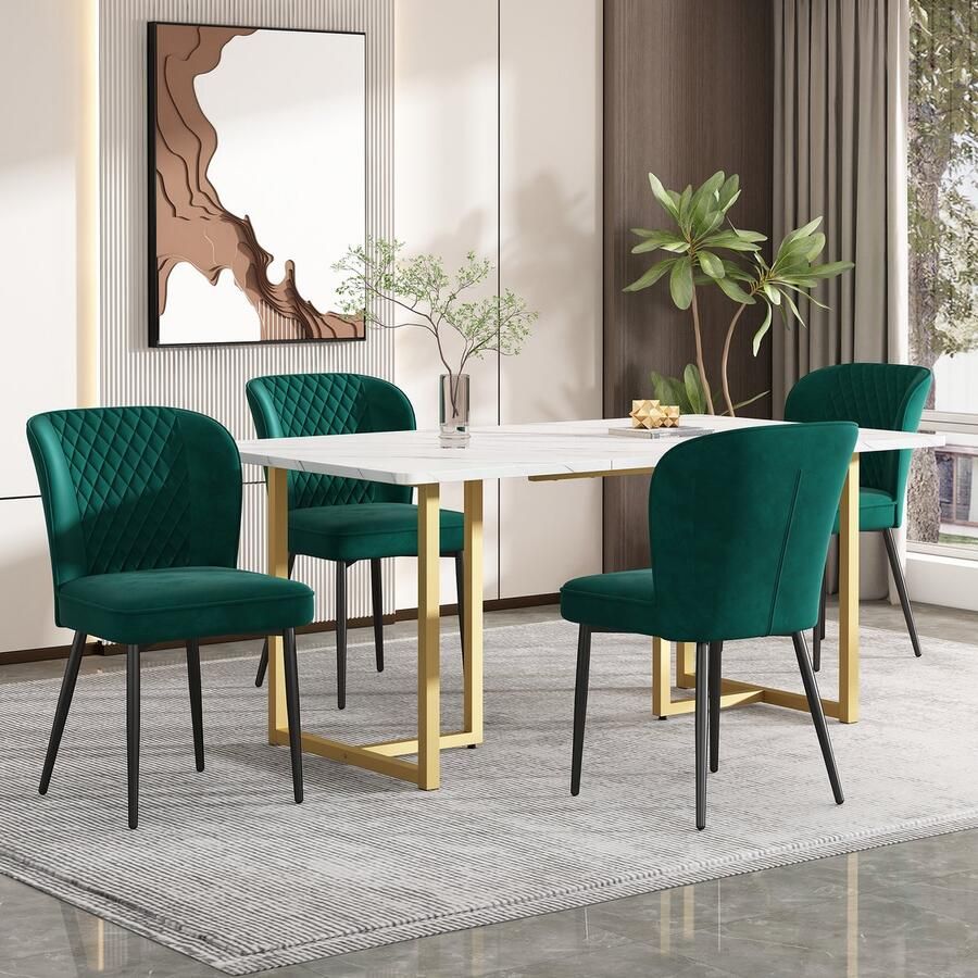 Sweiko Eettafel set 140 x 80 x 75cm eettafel met 4-stoelen groen fluweel eetkamerstoelen kussens stoel ontwerp met rugleuning wit MDF tafelblad L-vormige gouden tafelpoten