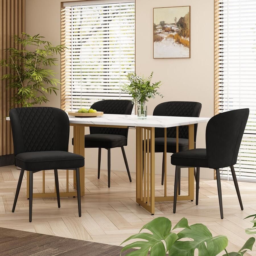 Sweiko Eettafel set 140 x 80 x 75cm eettafel met 4 stoelen zwart fluweel eetkamerstoelen kussens stoel ontwerp met rugleuning wit MDF tafelblad V-vormige gouden tafelpoten