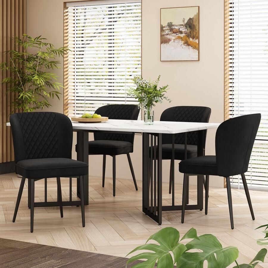 Sweiko Eettafel set 140 x 80 x 75cm eettafel met 4 stoelen zwart fluweel eetkamerstoelen kussens stoel ontwerp met rugleuning wit MDF tafelblad V-vormige zwarte tafelpoten