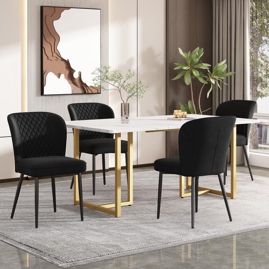 Sweiko Eettafel set 140 x 80 x 75cm eettafel met 4-stoelen zwart fluweel eetkamerstoelen kussens stoel ontwerp met rugleuning wit MDF tafelblad L-vormige gouden tafelpoten