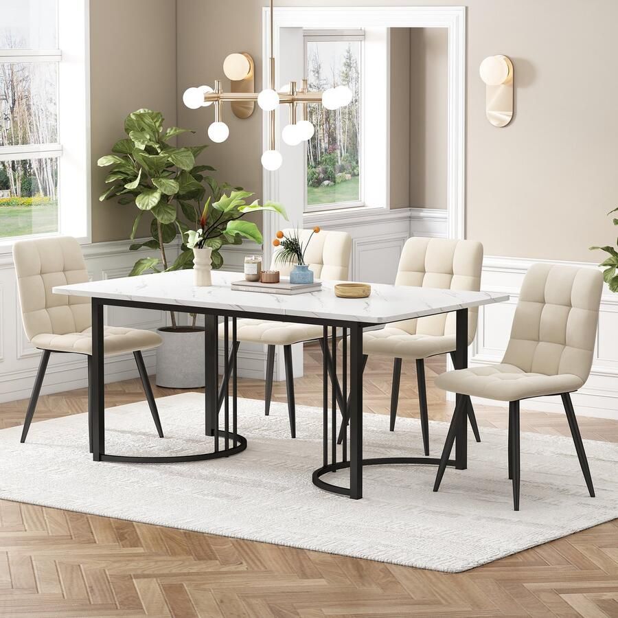 Sweiko Eettafel set (5-delige set) Eettafel set met 4-stoelen Moderne keuken eettafel set 140 x 80cm Zwart metalen poot keuken eettafel Wit MDF tafelblad Beige fluwelen eetkamerstoelen