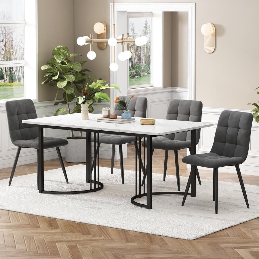 Sweiko Eettafel set (5-delige set) Eettafel set met 4-stoelen Moderne keuken eettafel set 140 x 80cm keuken eettafel met zwart metalen poten Wit MDF tafelblad donkergrijs fluweel eetkamerstoelen