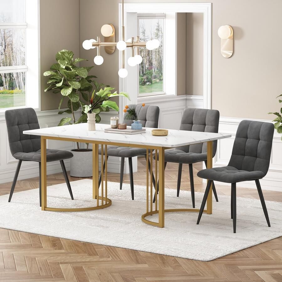 Sweiko Eettafel set (5-delige set) Eettafel set met 4-stoelen moderne keuken eettafel set 140 x 80cm keuken eettafel met gouden metalen poten wit MDF tafelblad donkergrijze fluwelen eetkamerstoelen