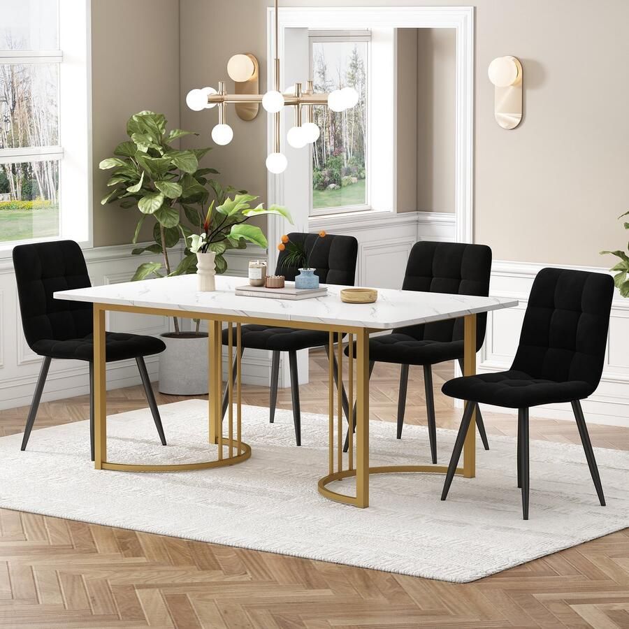 Sweiko Eettafel set (5-delige set) Eettafel set met 4-stoelen Moderne keuken eettafel set 140 x 80cm keuken eettafel met gouden metalen poten Wit MDF tafelblad Zwart fluweel eetkamerstoelen