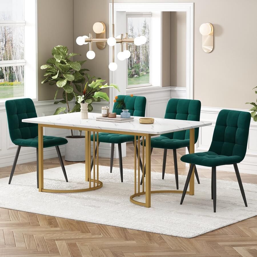 Sweiko Eettafel set (5-delige set) Eettafel set met 4-stoelen Moderne keuken eettafel set 140 x 80cm keuken eettafel met gouden metalen poten Wit MDF tafelblad donkergroen fluweel eetkamerstoelen