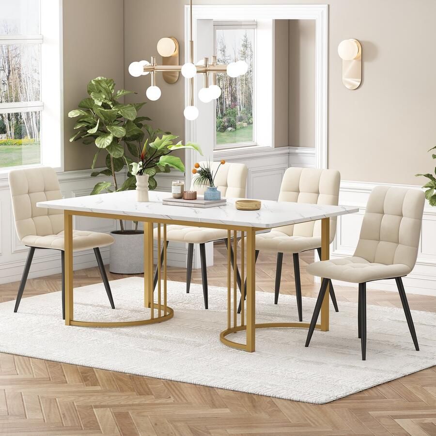 Sweiko Eettafel set (5-delige set) Eettafel set met 4-stoelen moderne keuken eettafel set 140 x 80cm keuken eettafel met gouden metalen poten wit MDF tafelblad Beige fluwelen eetkamerstoelen
