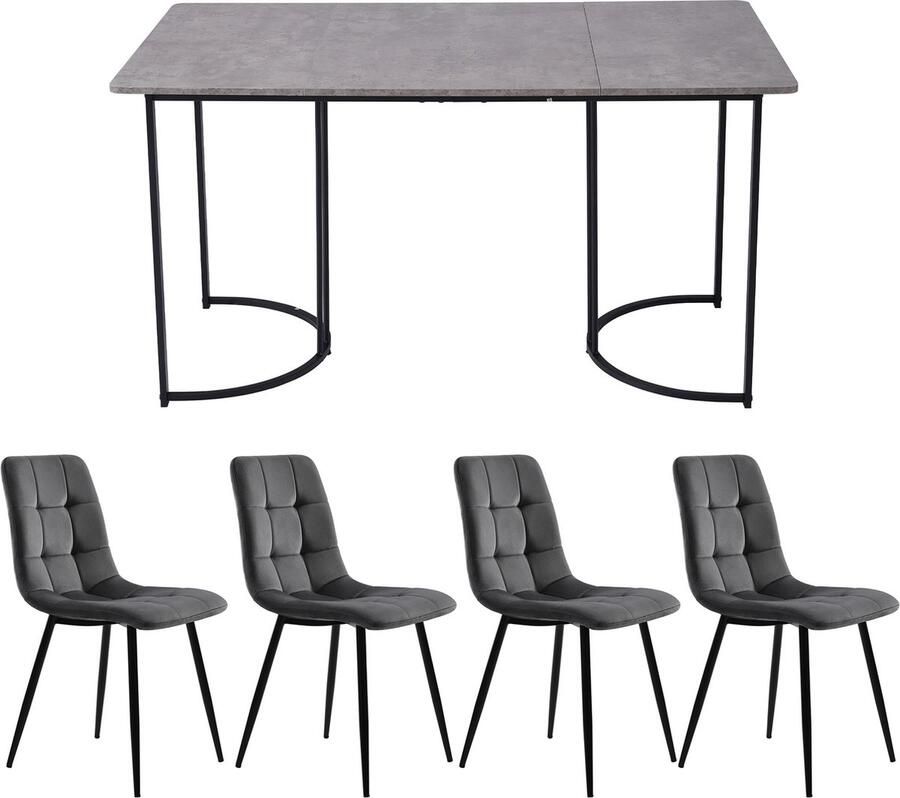 Sweiko Eettafel set (5-delige set) Eettafel set met 4-stoelen Moderne keuken eettafel set 140 x 80cm keuken eettafel met zwart metalen poten grijs MDF tafelblad donkergrijs fluweel eetkamerstoelen