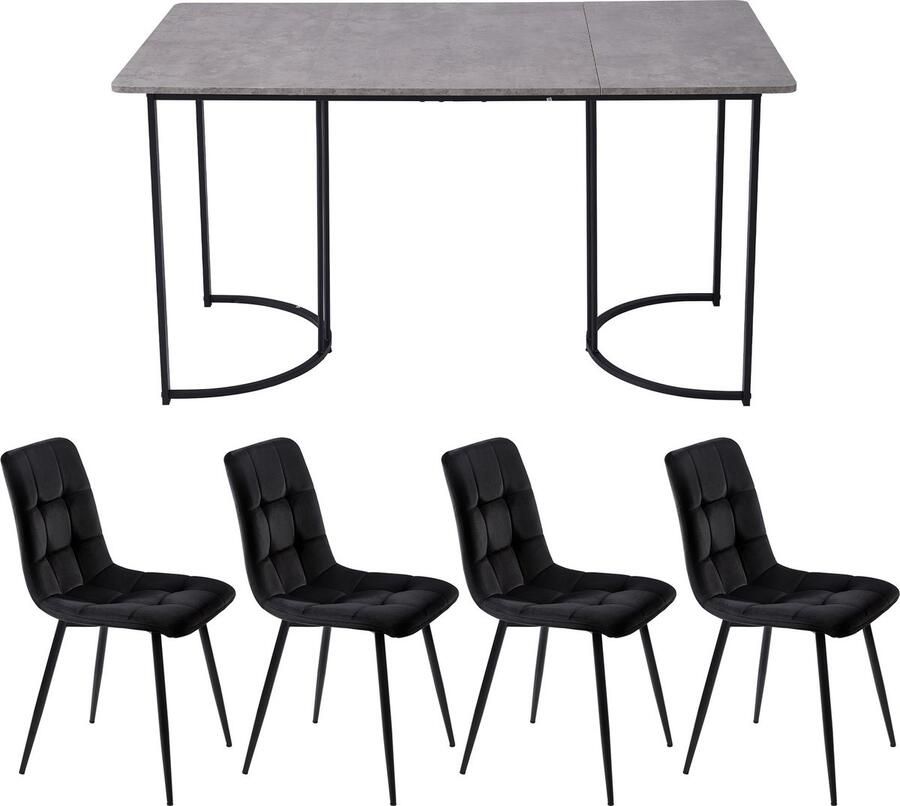 Sweiko Eettafel set (5-delige set) Eettafel set met 4-stoelen Moderne keuken eettafel set 140 x 80cm keuken eettafel met zwart metalen poten grijs MDF tafelblad zwart fluweel eetkamerstoelen