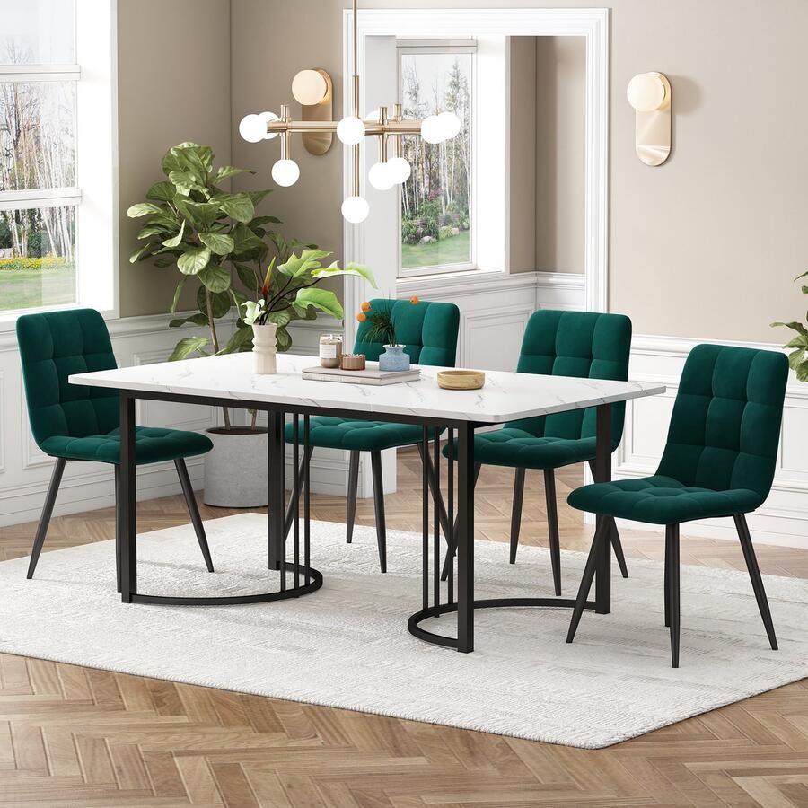 Sweiko Eettafel set (5-delige set) Eettafel set met 4-stoelen Moderne keuken eettafel set keuken eettafel met 140 x 80cm zwart metalen poten wit MDF tafelblad donkergroen fluweel eetkamerstoelen