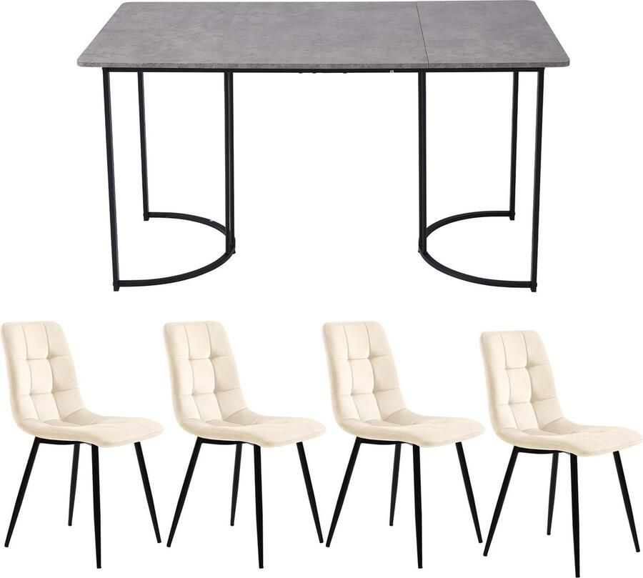 Sweiko Eettafel set (5-delige set) Eettafel set met 4-stoelen Moderne keuken eettafel set keuken eettafel met 140 x 80cm zwart metalen poten grijs MDF tafelblad beige fluwelen eetkamerstoelen