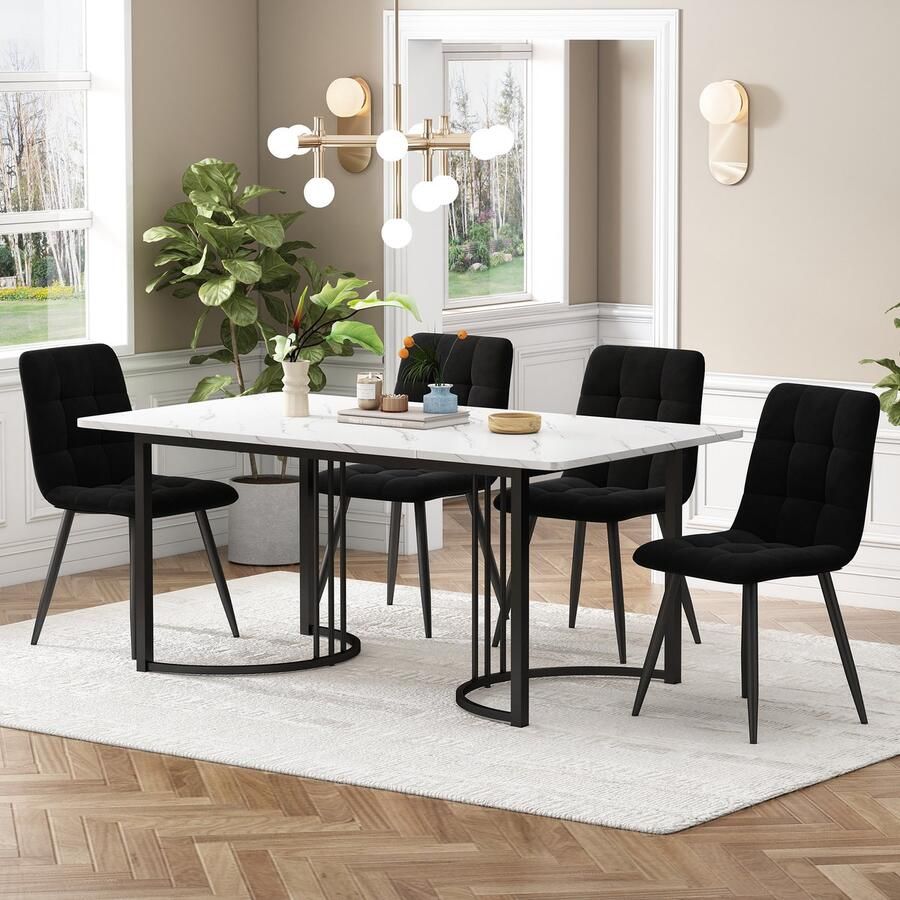 Sweiko Eettafel set (5-delige set) Eettafel set met 4-stoelen moderne keukentafel set 140 x 80cm keukentafel met zwart metalen poten Wit MDF tafelblad zwart fluwelen eetkamerstoelen
