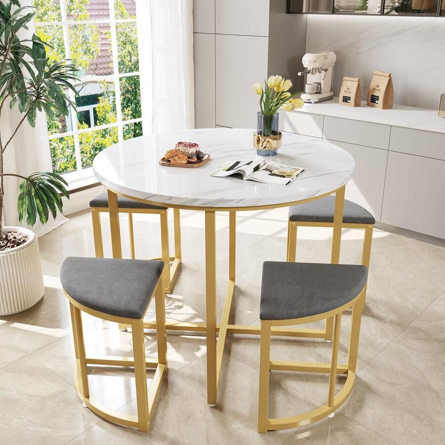 Sweiko Eettafel set met vier stoelen Ronde eettafel Eetkamer groep met MDF tafelblad en verguld ijzeren frame fluwelen stoelen moderne luxe tafels en stoelen Grijs