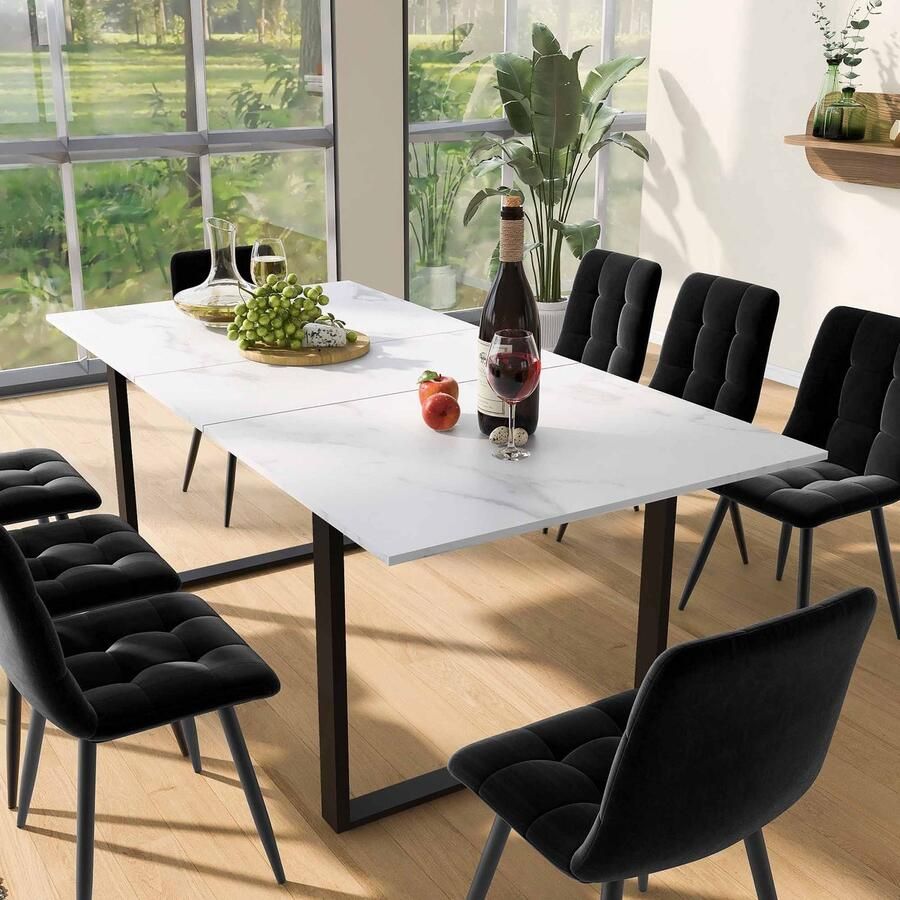 Sweiko Eettafel Telescopische Tafel 140 180x80x75cm Metalen IJzeren Benen en Vierkante Tubulaire Benen Moderne Witte MDF Tafelblad Met Marmeren Patronen Dubbel Gebruik voor Huis en Kantoor