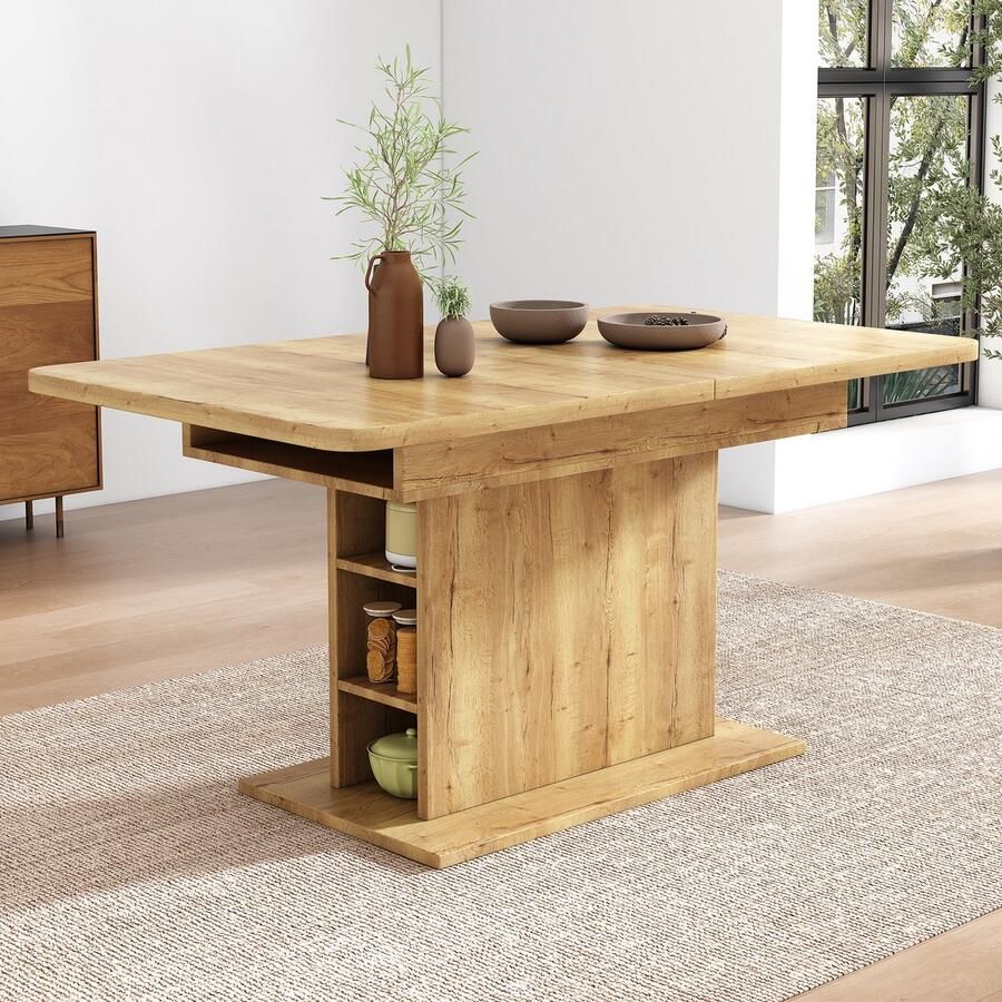 Sweiko Eettafel Uitschuifbaar Met opbergruimte Rechthoek Natuurlijk