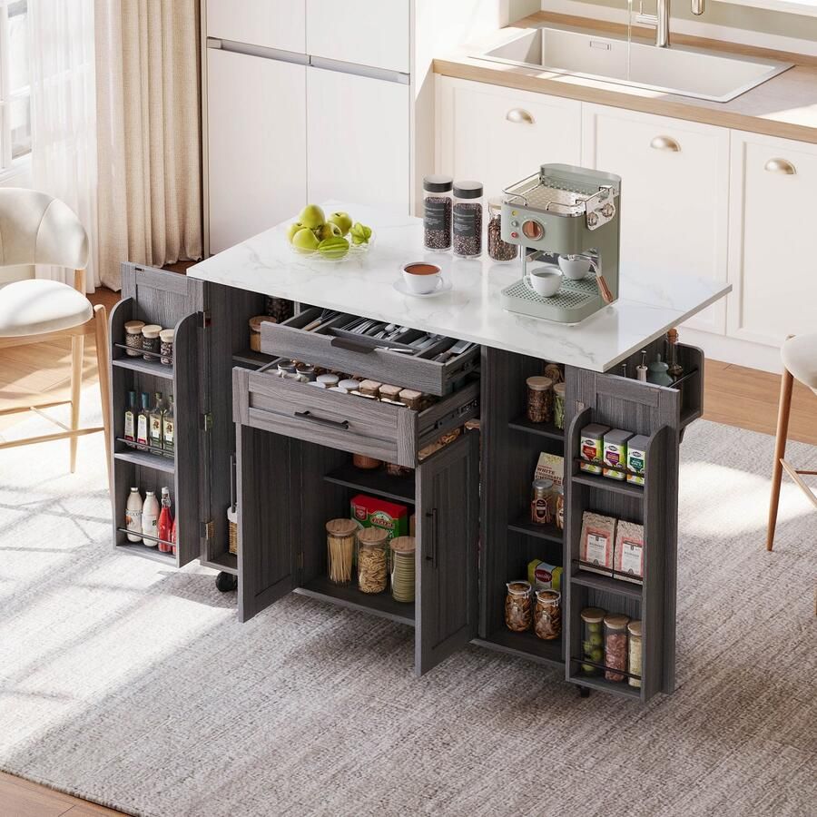 Sweiko Eettafel Verrijdbaar keukeneiland 2 lades Verstelbare planken Marmerlook Grijs