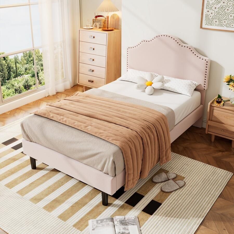 Sweiko Elegant Roze Gebogen Eenpersoonsbed Prachtig Ingericht met klinknagels Stevig en hoogwaardig multiplex geschikt voor 90x200cm matrassen (Zonder matras)