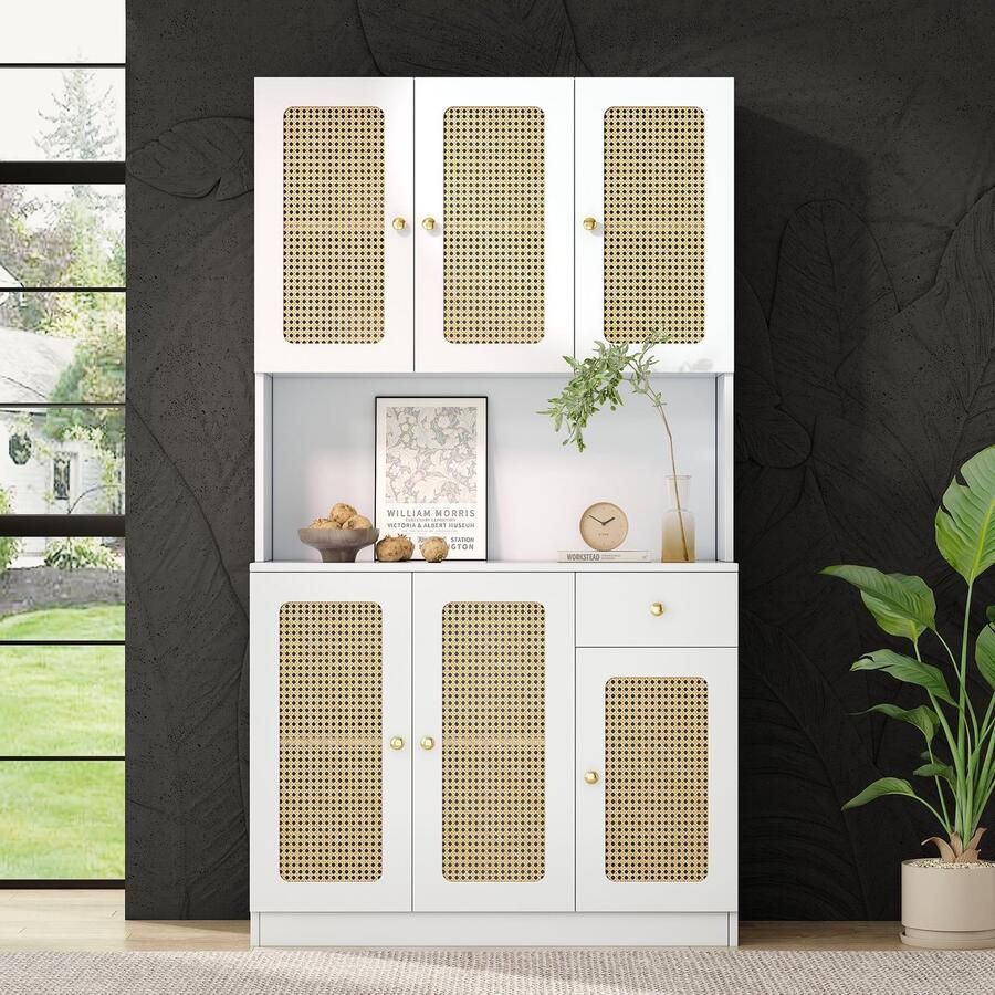 Sweiko Elegant Wit Rotan Kast met 6-rotan deuren en een Wit lade met open opbergruimte in het midden woonkamer Dressoir entreekast eetkamer kast