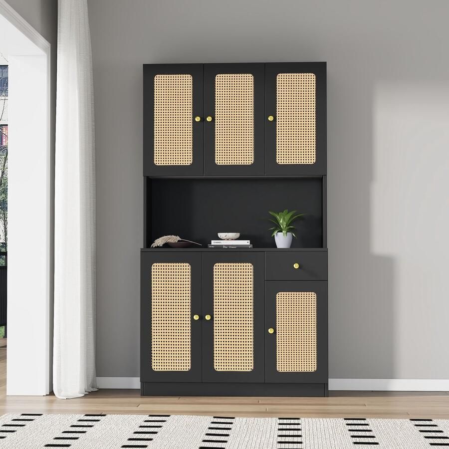 Sweiko Elegant Zwart Rotan Kast met 6-rotan deuren en een zwarte lade met open opbergruimte in het midden woonkamer Dressoir entreekast eetkamer kast