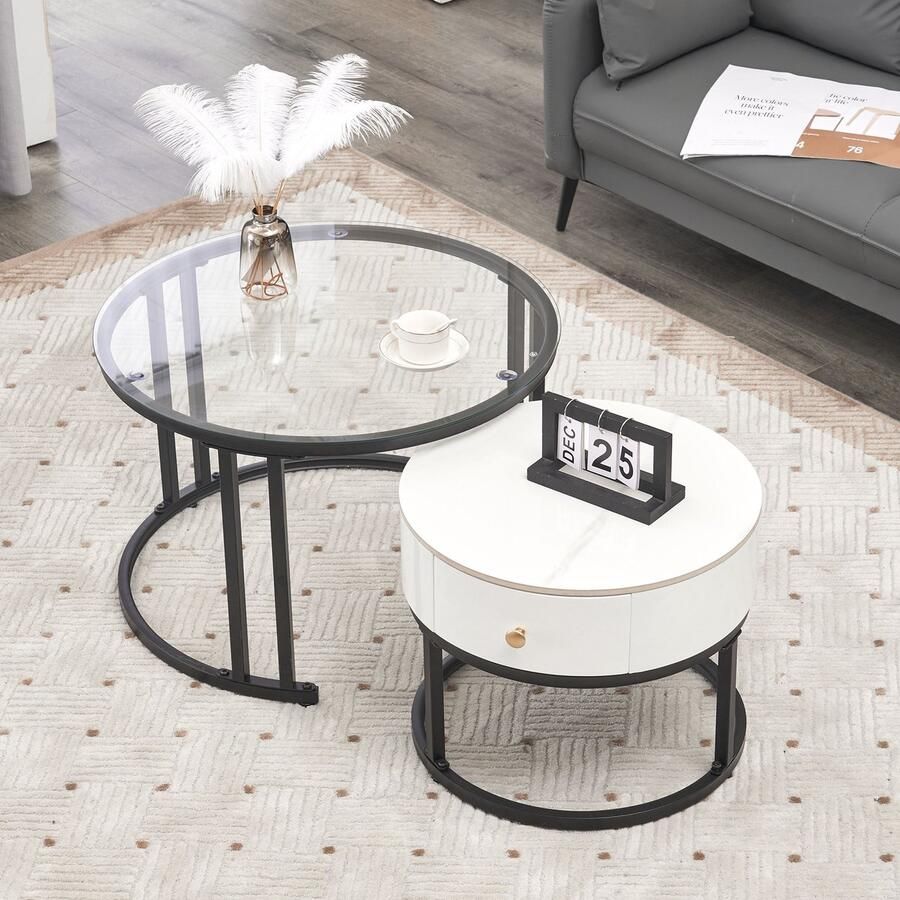 Sweiko Elegante 2 delige witte salontafel set glas marmeren leisteenblad en massief houten lades