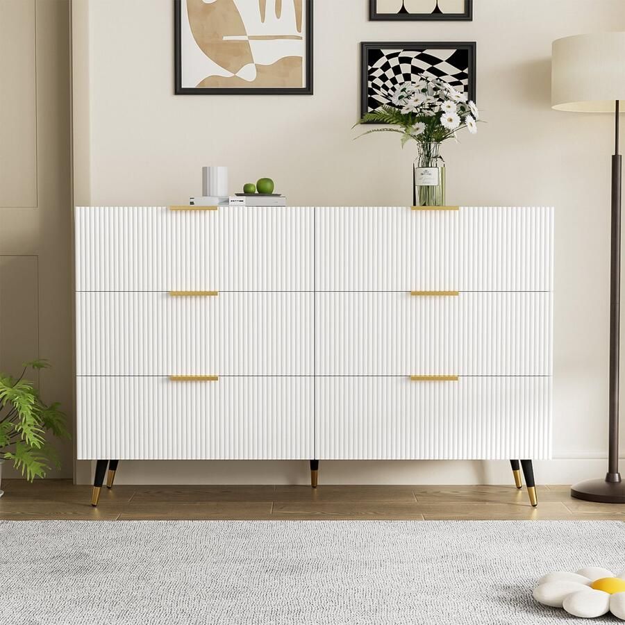 Sweiko Elegante Bestekkast met zes Lades Gouden handvatten Modern Design Commode en ruime opbergruimte Wit