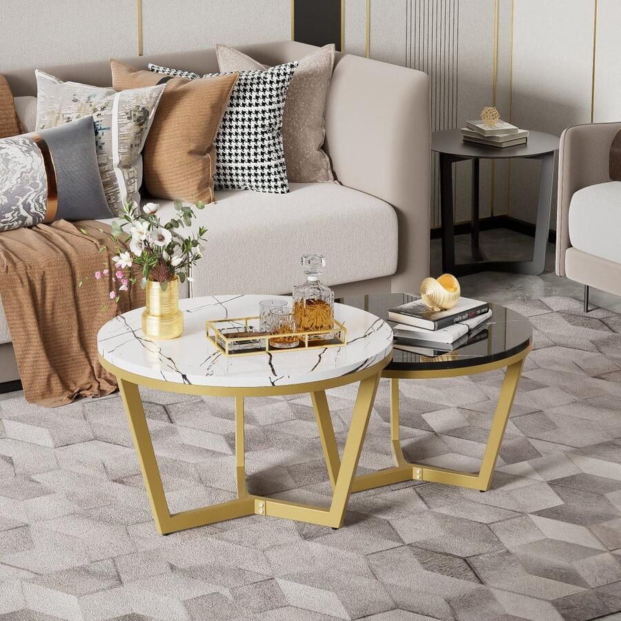 Sweiko Elegante Salontafel 2-delige set bijzettafel in marmerlook Gouden metalen frame