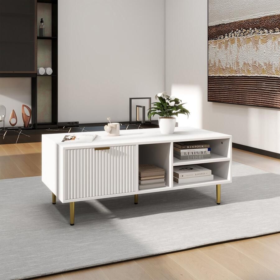 Sweiko Elegante witte salontafel met gouden ornamenten een lade 3-compartimenten voor open opslag – voeg stijl toe aan uw woonkamer vierkante salontafel elegante lichte luxe