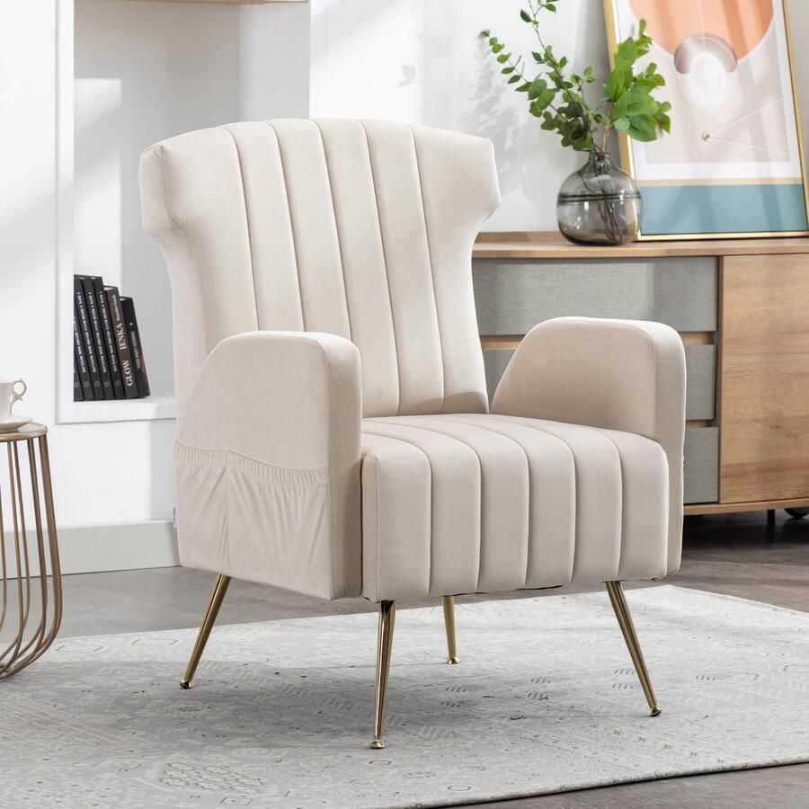 Sweiko Fauteuil fluweel met metallic gouden poten casual single sofa leesstoel voor woonkamer slaapkamer kantoor zachte en comfortabele hoge rugleuning beige
