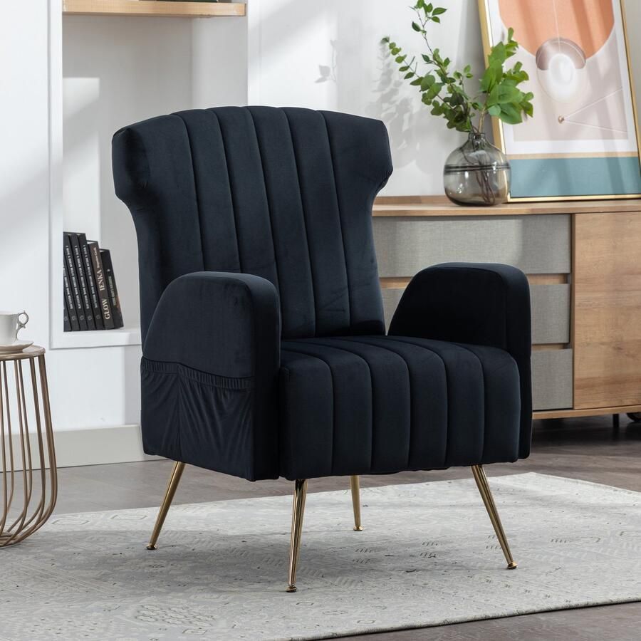 Sweiko Fauteuil fluweel met metallic gouden poten casual single sofa leesstoel voor woonkamer slaapkamer kantoor zachte en comfortabele hoge rugleuning zwart