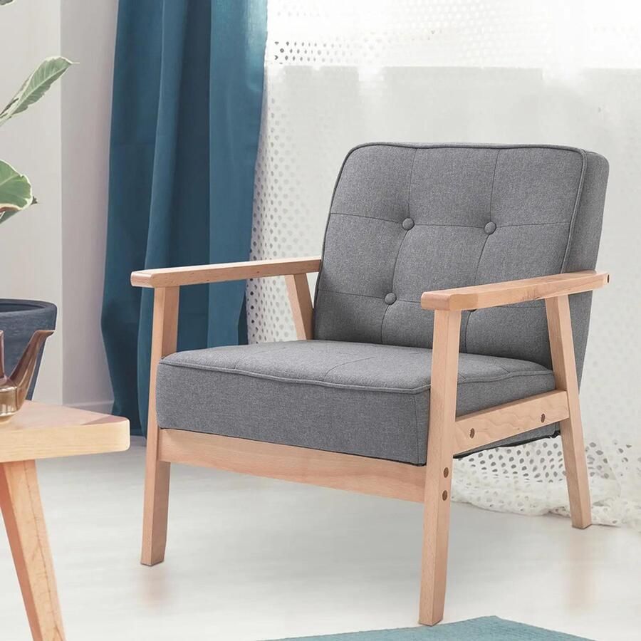 Sweiko Fauteuil Gestoffeerd Houten frame Linnen Grijs