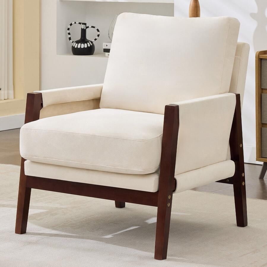 Sweiko Fauteuil Gestoffeerd Massief houten frame Fluwelen stof Beige