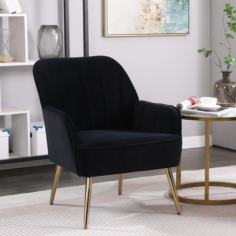 Sweiko Fauteuil Gestoffeerde stoel Velvet Metalen poten Zwart