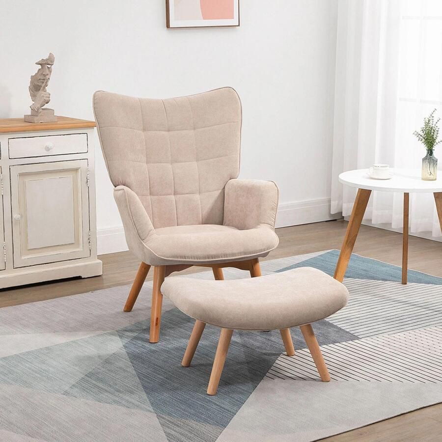 Sweiko Fauteuil Hoge rug Kruk Corduroy Houten poten Beige