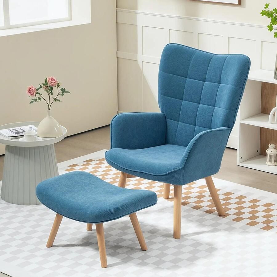 Sweiko Fauteuil Hoge rug Kruk Corduroy Houten poten Blauw