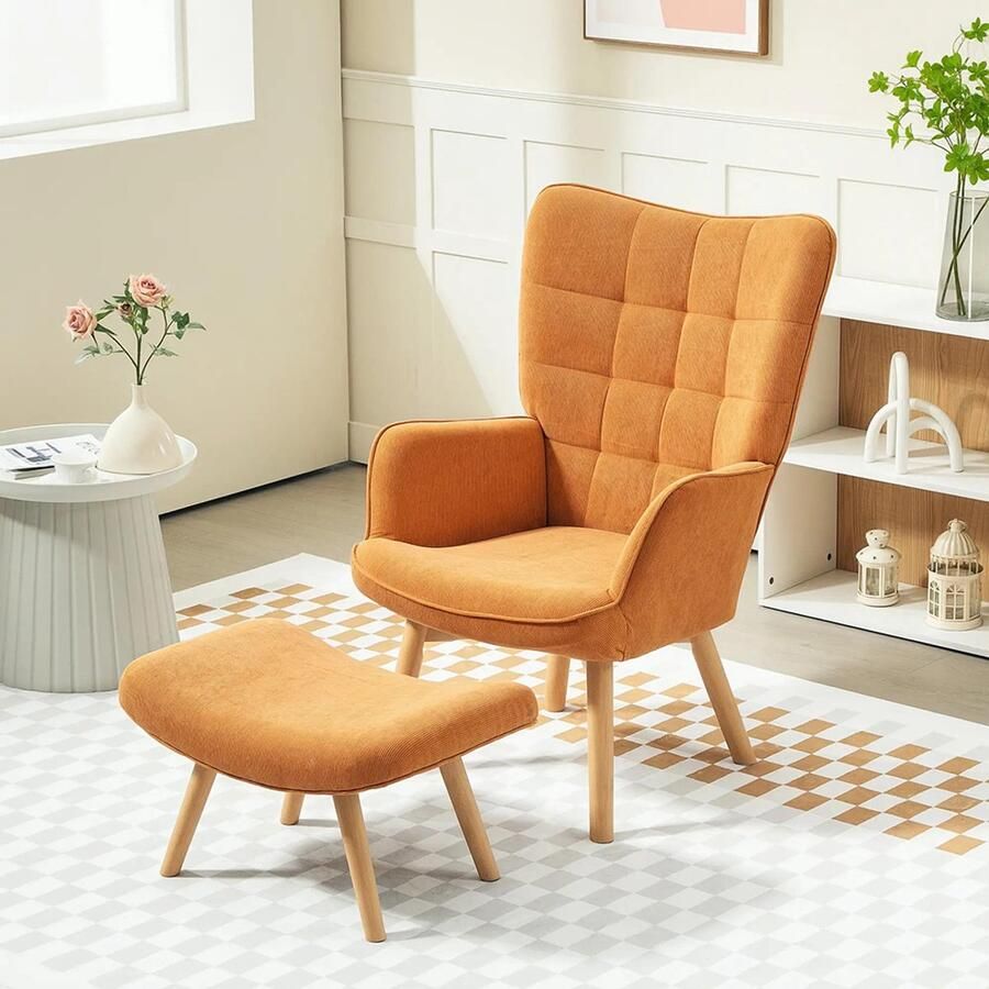 Sweiko Fauteuil Hoge rug Kruk Corduroy Houten poten Bruin