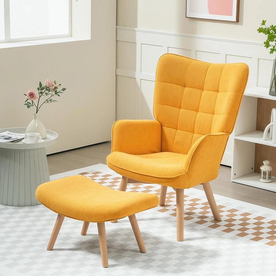 Sweiko Fauteuil Hoge rug Kruk Corduroy Houten poten Donkergeel