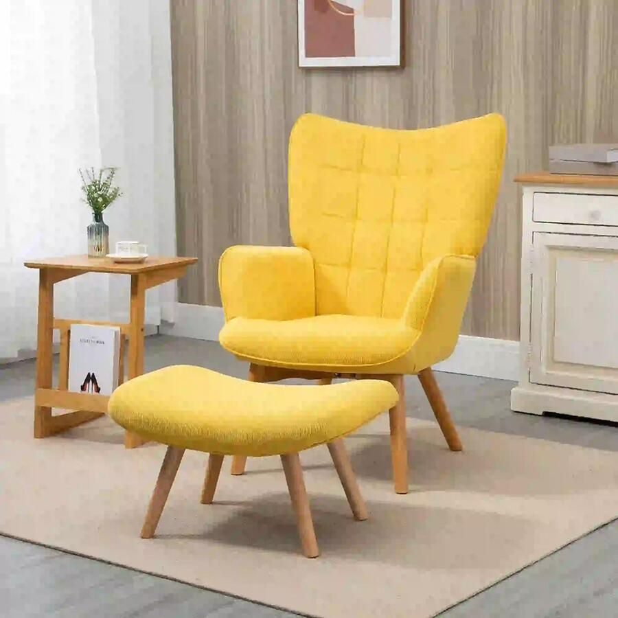 Sweiko Fauteuil Hoge rug Kruk Corduroy Houten poten Geel