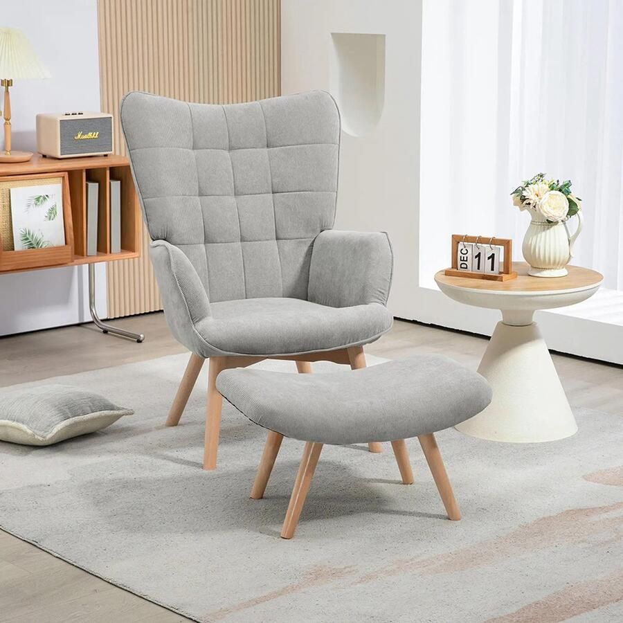 Sweiko Fauteuil Hoge rug Kruk Corduroy Houten poten Grijs
