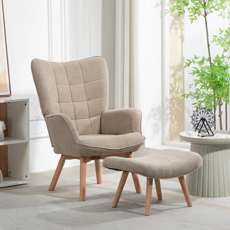 Sweiko Fauteuil Hoge rug Kruk Corduroy Houten poten Kaki