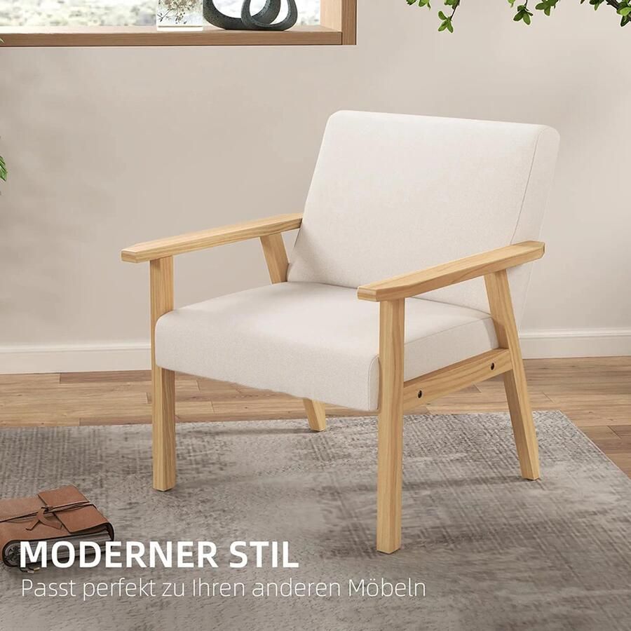 Sweiko Fauteuil Massief houten frame Linnen 64 x 70 x 72 cm Crème