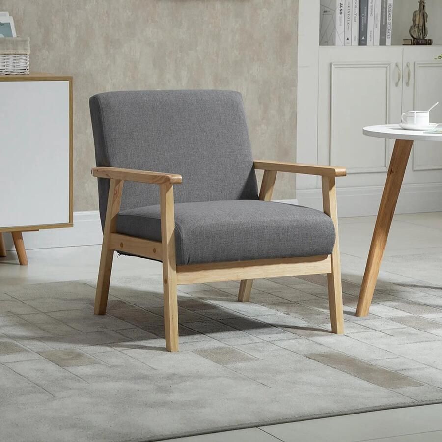 Sweiko Fauteuil Massief houten frame Linnen 64 x 70 x 72 cm Grijs