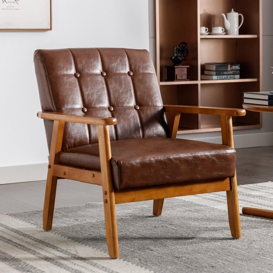 Sweiko Fauteuil Massief houten frame Mid century modern Woonkamerstoel Bruin